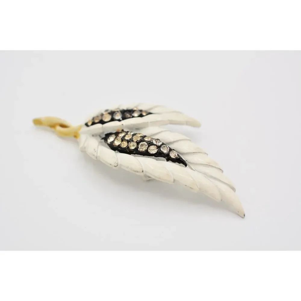 Vintage Leaf Pin Brooch Rhinestone Crystal White Enamel Chunky 1990s BinAT